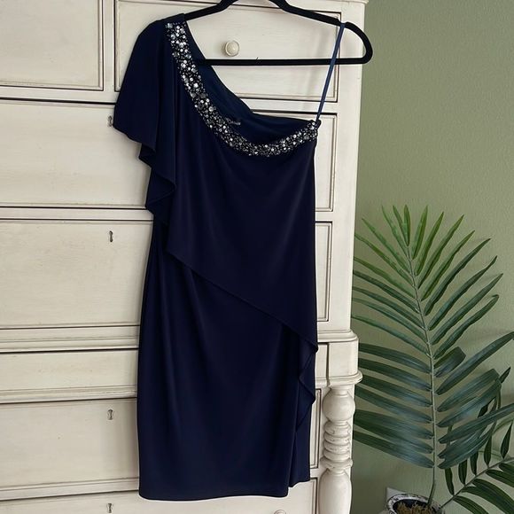 Betsy Adam Dresses & Skirts - Betsy Adam Beaded Navy Off The Shoulder Dress size 4